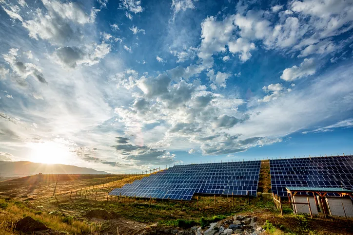 Photovoltaic solar panels under blue sky