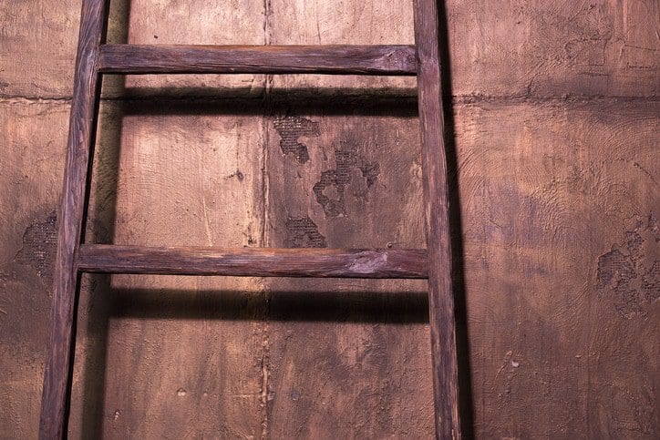 An old ANSI ASC A14.1-2017 wood ladder leaning on a wall.