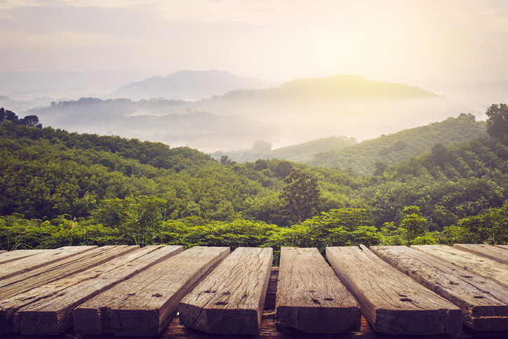 View of hills from a wooden bridge that is protected by ISO 14067 2018 compliance