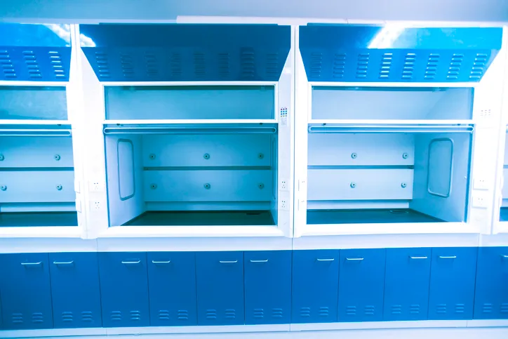 Many blue Class II biosafety cabinets