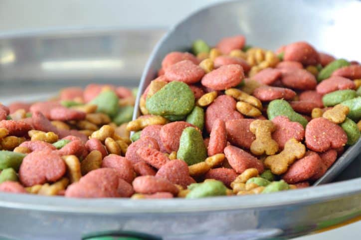 Colorful dog food that has undergone feed testing in an ANAB ISO/IEC 17025 accredited laboratory.
