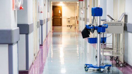 Blue medical device in hallway biologically evaluated to ISO 10993 risk management.