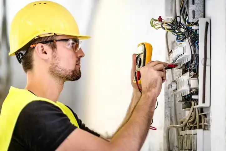 Electric Panel Repair Man in yellow hardhat testing wiring system with the National Electrical Code (NEC), or NFPA 70-2017