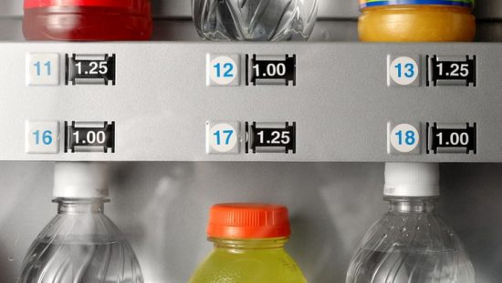 Plenty of cold drinks priced differently in a NSF/ANSI 25-2017 vending machine.