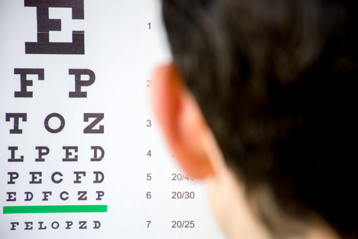 Man overlooking visual acuity testing with a Snellen chart, reading line 2 of ANSI Z80.21-2020 optotypes.