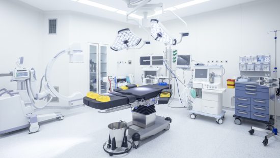 Vacant operating room has accredited testing laboratory products, via Accreditation Scheme for Conformity Assessment (ASCA).