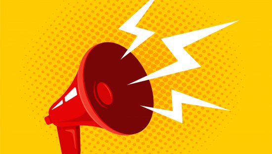 Red megaphone bursting subjective loudness, which can be properly measured with ANSI/ASA S1.13-2020 sound pressure levels.