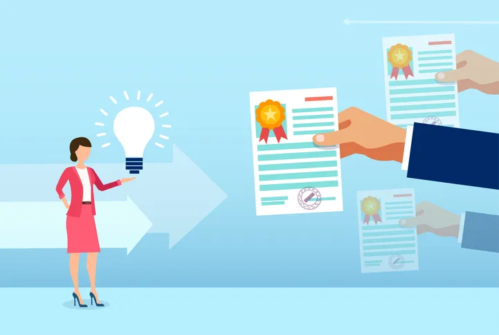 Smart businesswoman getting credentials in the different forms of certifications and certificates.
