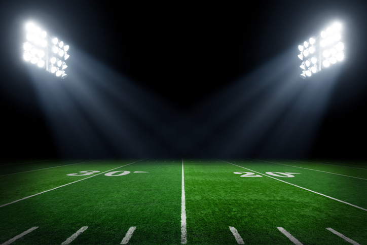 Lighting on Football Field Verdant football field at night with stadium lights set properly with ANSI/IES RP-5-21 illumination.