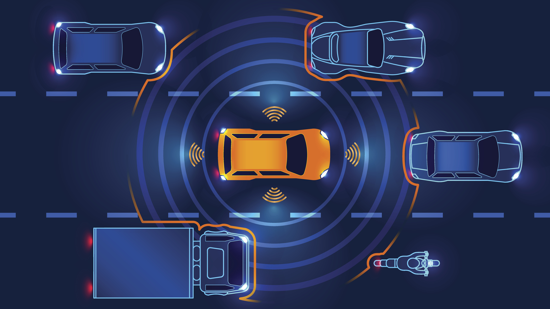 Orange car operating at Level 1 of the SAE levels of driving automation