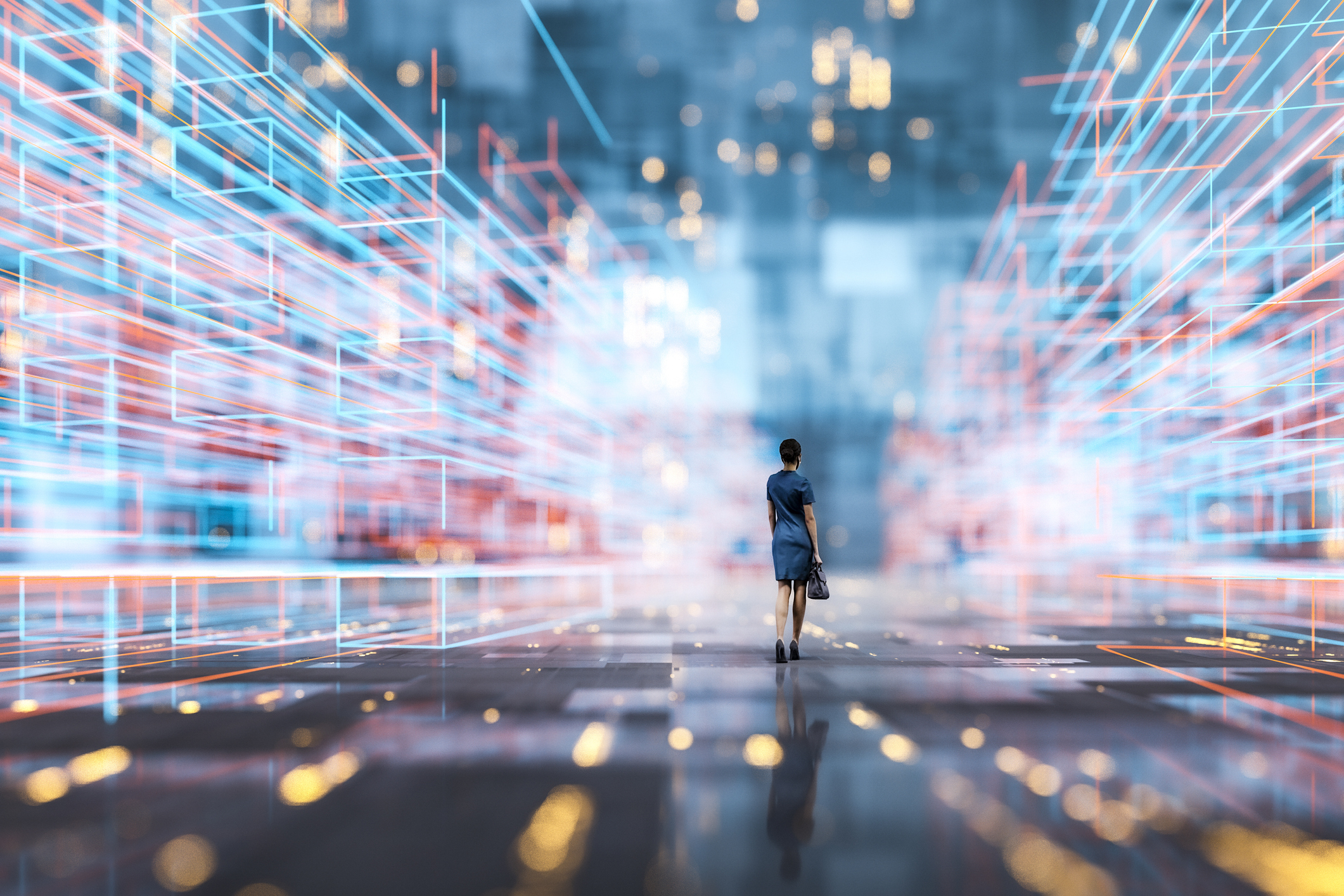 Woman walking through VR city representing digital transcripts preserved as Learning and Employment Records (LERs).
